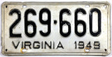 A classic 1949 Virginia car license plate for sale by Brandywine General Store. in very good condition