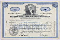 A 1952 New York Central railroad stock certificate for 100 shares in the train company for sale by Brandywine General Store