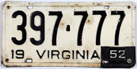 A classic 1952 Virginia car license plate for sale by Brandywine General Store with the very desirable black 52 metal tab