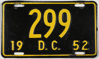 A single antique 1952 District of Columbia passenger car license plate for sale at Brandywine General Store in very good plus condition with low 3 digit DMV number