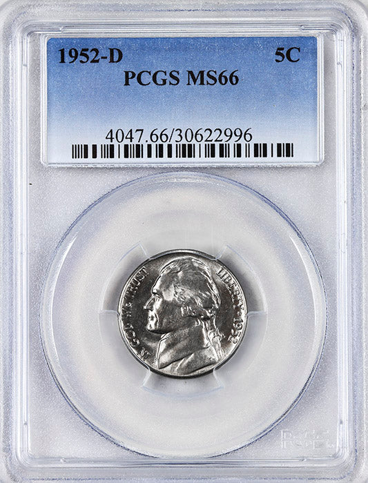 1952-d Jefferson Nickel professionally certified Mint State 66 by PCGS