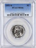 1952-d Jefferson Nickel professionally certified Mint State 66 by PCGS