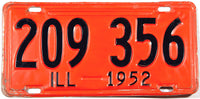 Vintage Illinois license plate with black text on an orange background, dated 1952.