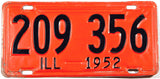 Vintage Illinois license plate with black text on an orange background, dated 1952.