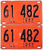 antique pair of 1952 Illinois car license plates with bends and xtra hole