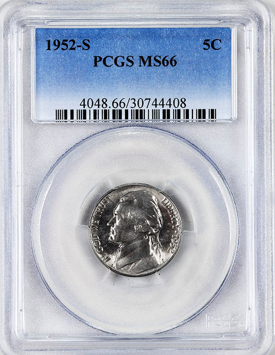 1952-s Jefferson Nickel professionally certified Mint State 66 by PCGS
