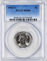 1952-s Jefferson Nickel professionally certified Mint State 66 by PCGS