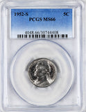 1952-s Jefferson Nickel professionally certified Mint State 66 by PCGS