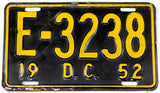 A single antique 1952 District of Columbia passenger car license plate for sale at Brandywine General Store in very good condition with some bends