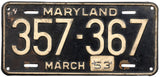 A 1953 Maryland car license plate for sale by Brandywine General Store in very good minus condition