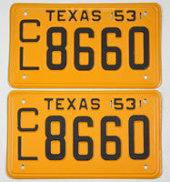 A pair of classic new old stock 1953 Texas car license plates for sale by Brandywine General Store in unused excellent condition