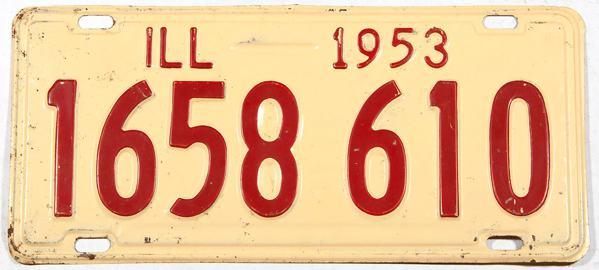 Vintage Illinois license plate from 1953 with red text on a yellow background