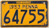 1953 Pennsylvania license plate with yellow background and black text