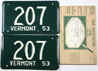 Classic 1953 Vermont car license plates grading excellent minus with original mailing envelope and registration card