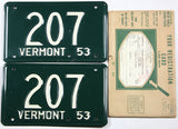 Classic 1953 Vermont car license plates grading excellent minus with original mailing envelope and registration card