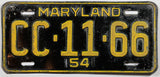 A classic 1954 Maryland Car license plate for sale by Brandywine General Store in very good minus condition