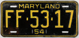 A classic 1954 Maryland Car license plate for sale by Brandywine General Store in very good condition