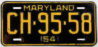 A classic 1954 Maryland Car license plate for sale by Brandywine General Store in very good plus condition