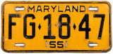 A classic 1955 Maryland passenger car license plate for sale at Brandywine General Store in very good minus condition