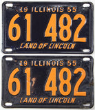 Two vintage 1955 Illinois license plates with orange text on a black background.