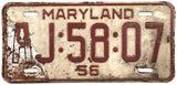 1956 Maryland Single License Plate
