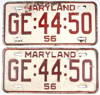 A pair of antique 1956 Maryland car license plates for sale at Brandywine General Store in very good minus condition