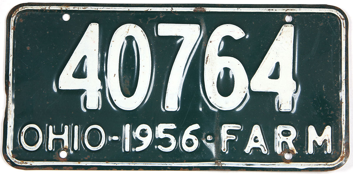 Antique 1956 Ohio farm License Plate grading very good wtih bends
