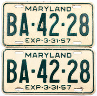A pair of classic 1957 Maryland Passenger Car License Plates for sale at Brandywine General store in very good minus condition