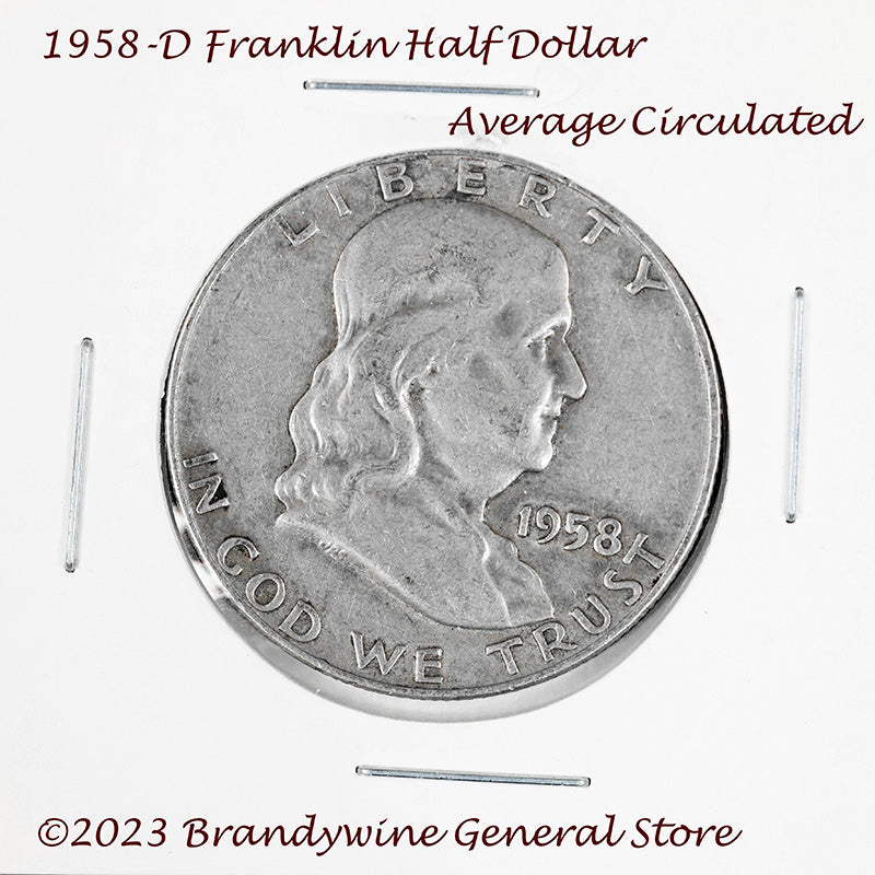 A 1958-D Franklin Half Dollar in average circulated condition for sale by Brandywine General Store