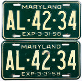 A pair of classic 1958 Maryland Passenger Car License Plates available for sale by Brandywine General Store in very good condition