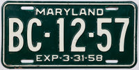 A single classic 1958 Maryland car License Plate available for sale by Brandywine General Store in very good plus condition