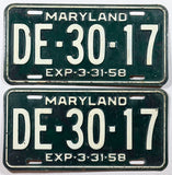 A pair of classic 1958 Maryland Passenger Car License Plates available for sale by Brandywine General Store in very good minus condition