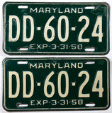 A pair of classic 1958 Maryland Passenger Car License Plates available for sale by Brandywine General Store in very good condition