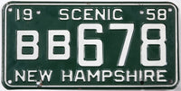 Vintage New Hampshire license plate from 1958 with white text on a green background