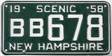 Vintage New Hampshire license plate from 1958 with white text on a green background