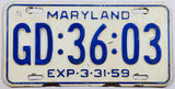 A 1959 Maryland Passenger Car License Plate for sale at Brandywine General Store in very good minus condition