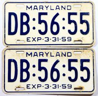 A classic pair of 1959 Maryland car license plates for sale by Brandywine General Store in very good minus condition