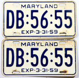 A classic pair of 1959 Maryland car license plates for sale by Brandywine General Store in very good minus condition