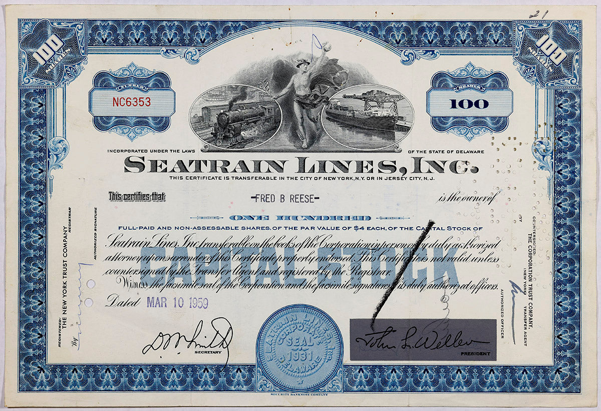 A 1959 Seatrain Lines stock certificate in the amount of 100 shares for sale by Brandywine General Store