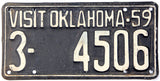 Vintage license plate with 'Visit Oklahoma 59' text and number '3-4506'.
