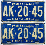 A pair of classic 1960 Maryland car License Plates for sale by Brandywine General Store in good plus condition