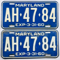 A pair of classic 1960 Maryland car License Plates for sale by Brandywine General Store in very good condition