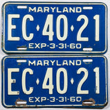 A pair of classic 1960 Maryland car License Plates for sale by Brandywine General Store in very good condition