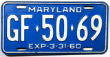 A single classic 1960 Maryland License Plate for a passenger car in very good condition