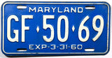 A single classic 1960 Maryland License Plate for a passenger car for sale at Brandywine General Store in very good condition