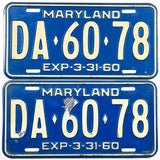 A pair of classic 1960 Maryland car License Plates for sale by Brandywine General Store in very good condition