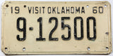 A classic 1960 Oklahoma passenger car license plate for sale at Brandywine General Store  in very good minus condition