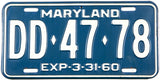 classic 1960 Maryland car license plate grading very good plus
