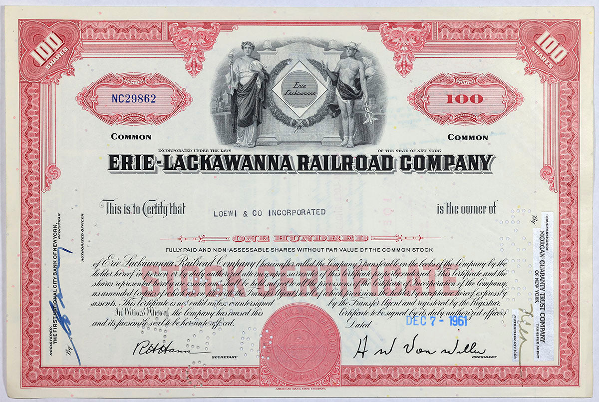A 1961 Erie Lackawanna Railroad Company stock certificate for 100 shares of common stock for sale by Brandywine General Store