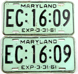 A pair of classic 1961 Maryland car License Plates for sale by Brandywine General Store in good plus condition